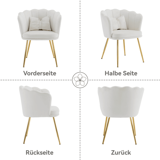 Conjunto de 6 cadeiras modernas de veludo - Cadeiras estofadas com encosto em forma de pétala, pernas de metal dourado, almofadas em forma de borboleta - Bege
