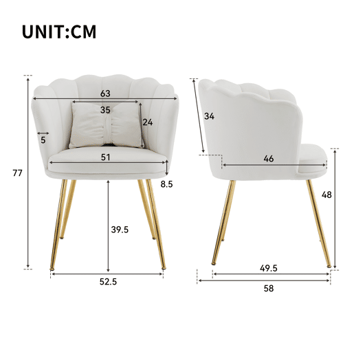 Conjunto de 6 cadeiras modernas de veludo - Cadeiras estofadas com encosto em forma de pétala, pernas de metal dourado, almofadas em forma de borboleta - Bege