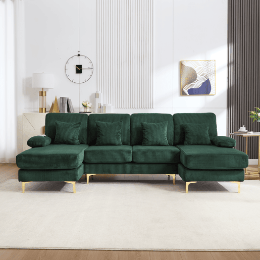 Sofá U moderno - com iluminação ambiente LED, porta USB-C, estrutura em madeira maciça, 4 almofadas de luxo e encosto ergonómico - verde escuro