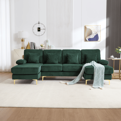 Sofá U moderno - com iluminação ambiente LED, porta USB-C, estrutura em madeira maciça, 4 almofadas de luxo e encosto ergonómico - verde escuro