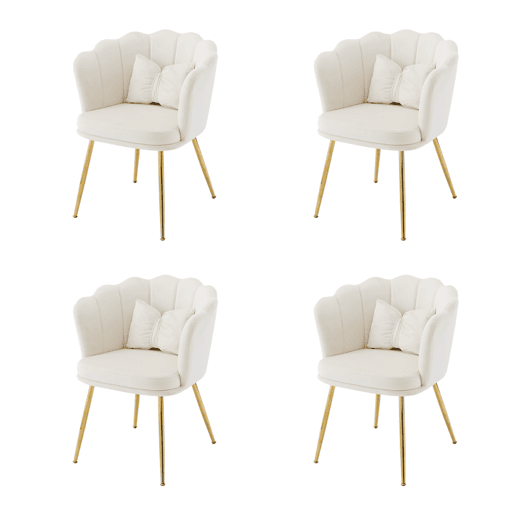 Conjunto de 4 cadeiras modernas em veludo - Cadeiras de sala, cadeiras com encosto em forma de pétalas, pernas metálicas douradas, almofada em forma de borboleta - Bege