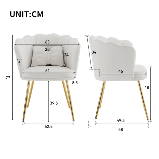 Conjunto de 4 cadeiras modernas em veludo - Cadeiras de sala, cadeiras com encosto em forma de pétalas, pernas metálicas douradas, almofada em forma de borboleta - Bege