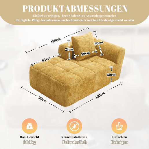 Sofá Chaiselongue confortável - Sem montagem, macio com almofadas e bolsos laterais - Amarelo