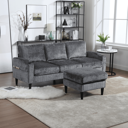 Sofá elegante de 4 lugares - com banqueta, arrumação, apoios de braços confortáveis, porta-copos, bolsos laterais, pés de plástico resistentes, estofado em veludo - Cinza