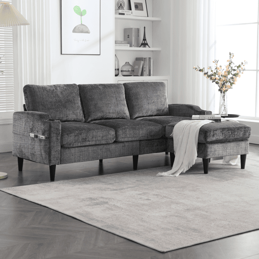 Sofá elegante de 4 lugares - com banqueta, arrumação, apoios de braços confortáveis, porta-copos, bolsos laterais, pés de plástico resistentes, estofado em veludo - Cinza