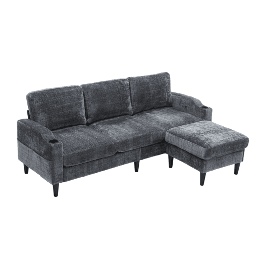 Sofá elegante de 4 lugares - com banqueta, arrumação, apoios de braços confortáveis, porta-copos, bolsos laterais, pés de plástico resistentes, estofado em veludo - Cinza