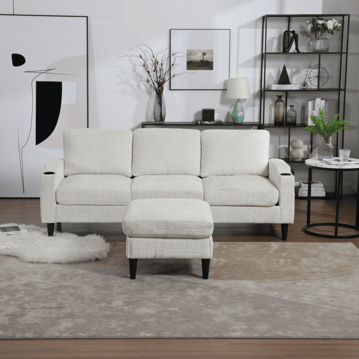 Sofá elegante de 4 lugares - com apoio para os pés, arrumação, braços confortáveis, porta-copos, bolsos laterais e pés de plástico resistentes - Bege