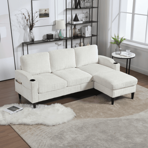 Sofá elegante de 4 lugares - com apoio para os pés, arrumação, braços confortáveis, porta-copos, bolsos laterais e pés de plástico resistentes - Bege
