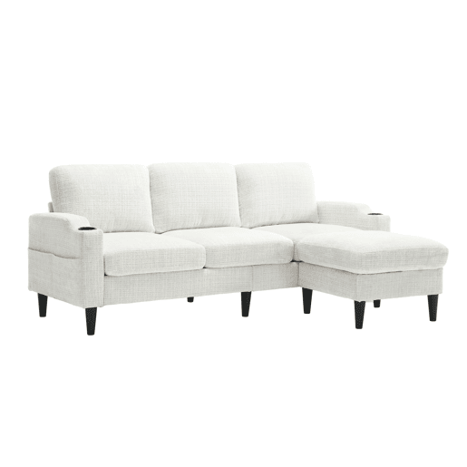 Sofá elegante de 4 lugares - com apoio para os pés, arrumação, braços confortáveis, porta-copos, bolsos laterais e pés de plástico resistentes - Bege