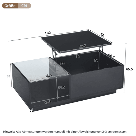 Mesa de café elevável 50x100x(33-46,5) cm - Mesa de sala com arrumação oculta, design de alto brilho, com LED