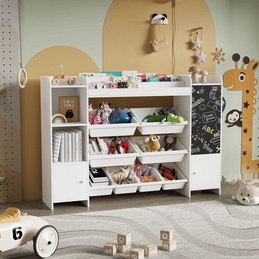 Estante Infantil Multifuncional com Caixa de Arrumação, Prateleiras e Quadro de Desenho u2013 137x94,5cm