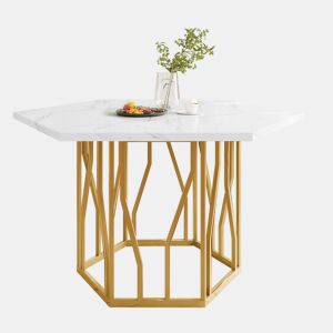 Mesa de jantar moderna - 6 lados - Estrutura metálica - Cor dourada