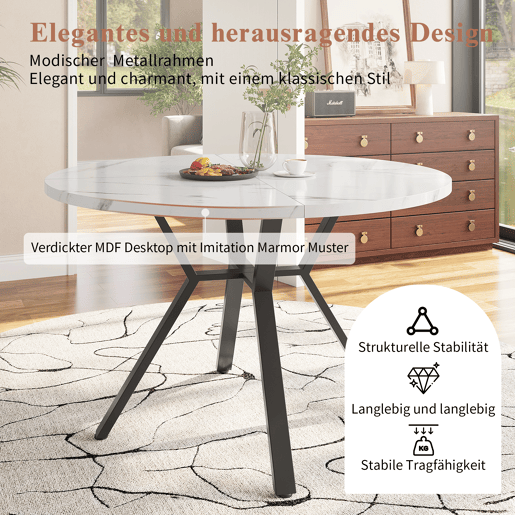 Mesa de jantar redonda 1 m - Mesa de mármore moderna e simples com suporte metálico em forma de X - Preta+Branca
