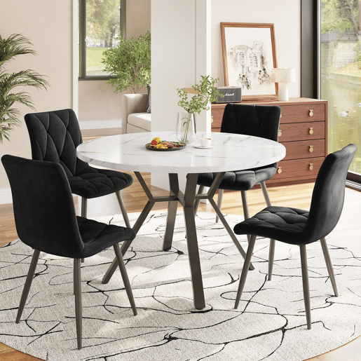 Mesa de jantar redonda 1 m - Mesa de mármore moderna e simples com suporte metálico em forma de X - Preta+Branca
