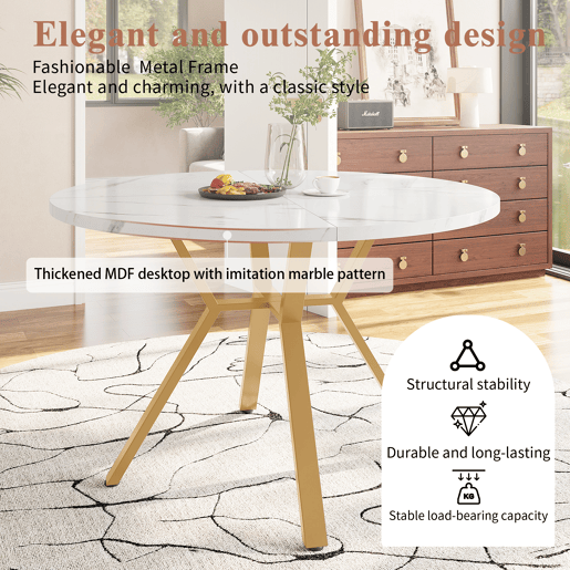 Mesa redonda de mármore 100 cm - mesa de jantar moderna e simples, base em forma de X, suporte metálico - dourado