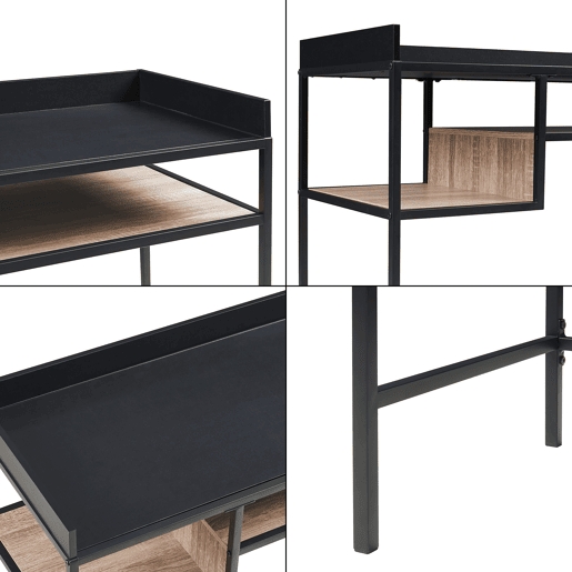 Secretária Belana metal com 2 prateleiras 100x43x82 cm pretocarvalho en.casa