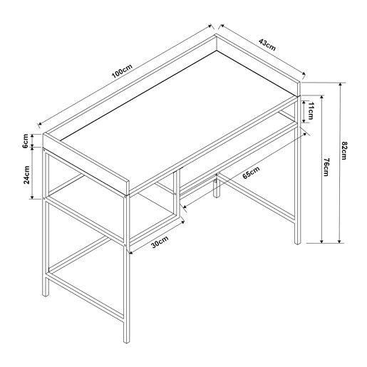 Secretária Belana metal com 2 prateleiras 100x43x82 cm pretocarvalho en.casa