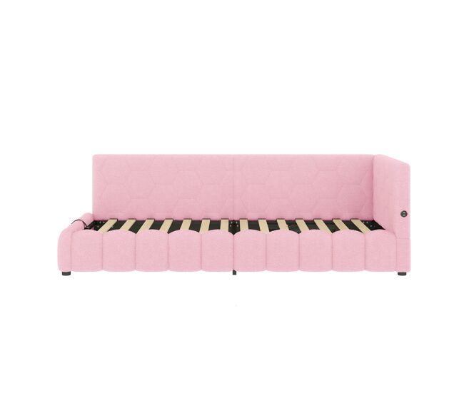 Cama día 90x200cm - sofá cama, con somier, luz led, mecanismo hidráulico, puerto usb y tipo-c, material de confort, fieltro - rosa