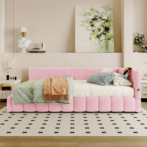 Cama de dia 90x200cm - Sofá-cama, com estrado, luz LED, mecanismo hidráulico, porta USB e Tipo-C, material confortável, feltro - Rosa