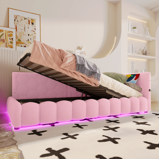 Cama de dia 90x200cm - Sofá-cama, com estrado, luz LED, mecanismo hidráulico, porta USB e Tipo-C, material confortável, feltro - Rosa