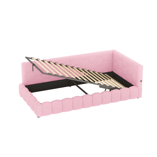 Cama de dia 90x200cm - Sofá-cama, com estrado, luz LED, mecanismo hidráulico, porta USB e Tipo-C, material confortável, feltro - Rosa