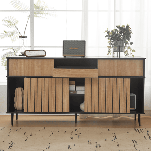 Cômoda 160x40x80 cm - 4 portas de correr, 1 gaveta, combinação de carvalho e preto - Preto+Natural