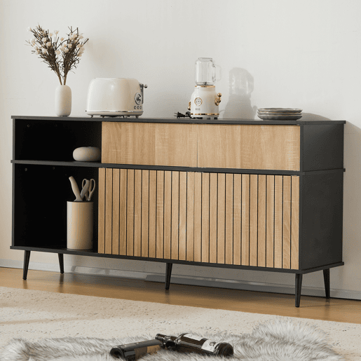 Cômoda 160x40x80 cm - 4 portas de correr, 1 gaveta, combinação de carvalho e preto - Preto+Natural