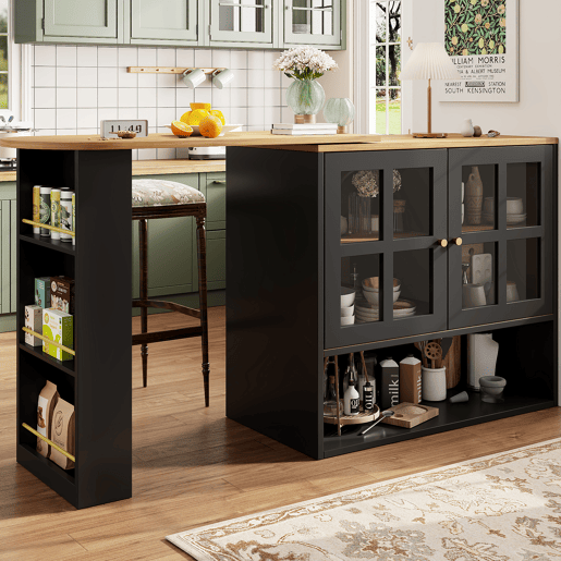 Mesa de bar giratória 360° - Multifuncional com 5 prateleiras, estante para snacks, com portas de vidro - Preto
