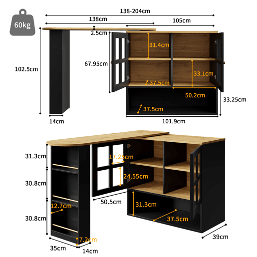 Mesa de bar giratória 360° - Multifuncional com 5 prateleiras, estante para snacks, com portas de vidro - Preto