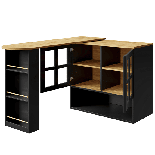 Mesa de bar giratória 360° - Multifuncional com 5 prateleiras, estante para snacks, com portas de vidro - Preto
