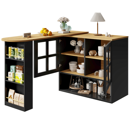 Mesa de bar giratória 360° - Multifuncional com 5 prateleiras, estante para snacks, com portas de vidro - Preto