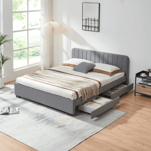 Cama estofada Nofrenna com 4 gavetas MDF 160x200 cm Cinzento en.casa