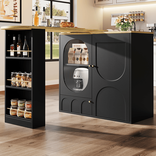 Mesa de bar giratória 138x39x102 cm - Móvel de cozinha com arrumação, ilha de cozinha, três portas, prateleiras, divisórias removíveis - Preto
