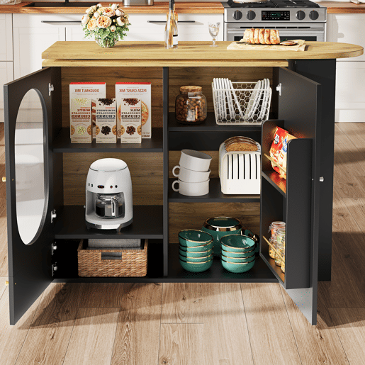 Mesa de bar giratória 138x39x102 cm - Móvel de cozinha com arrumação, ilha de cozinha, três portas, prateleiras, divisórias removíveis - Preto