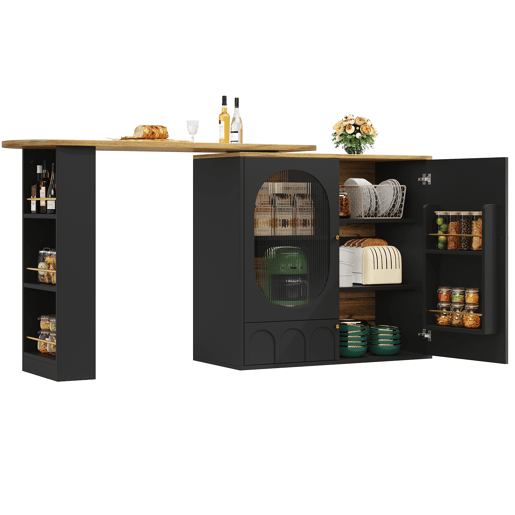 Mesa de bar giratória 138x39x102 cm - Móvel de cozinha com arrumação, ilha de cozinha, três portas, prateleiras, divisórias removíveis - Preto