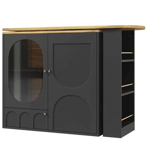 Mesa de bar giratória 138x39x102 cm - Móvel de cozinha com arrumação, ilha de cozinha, três portas, prateleiras, divisórias removíveis - Preto
