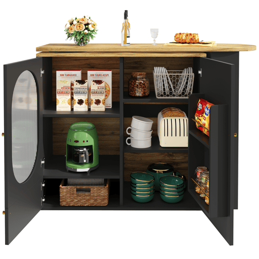 Mesa de bar giratória 138x39x102 cm - Móvel de cozinha com arrumação, ilha de cozinha, três portas, prateleiras, divisórias removíveis - Preto