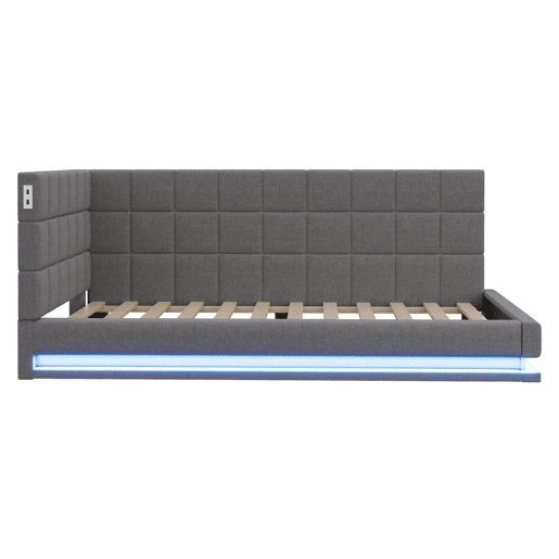 Sofá-cama 90*200 - Multifuncional com faixa LED, entrada USB e estrado, tecido de linho - Cinza