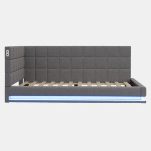 Sofá-cama 90*200 - Multifuncional com faixa LED, entrada USB e estrado, tecido de linho - Cinza