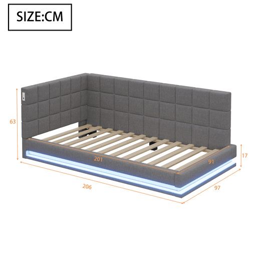 Sofá-cama 90*200 - Multifuncional com faixa LED, entrada USB e estrado, tecido de linho - Cinza