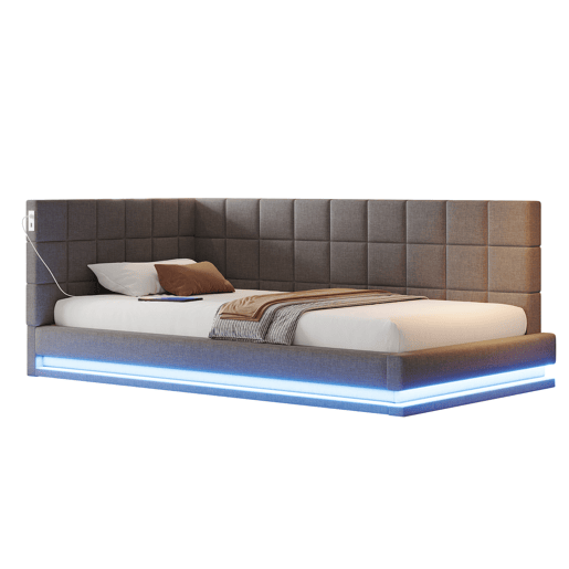 Sofá-cama 90*200 - Multifuncional com faixa LED, entrada USB e estrado, tecido de linho - Cinza