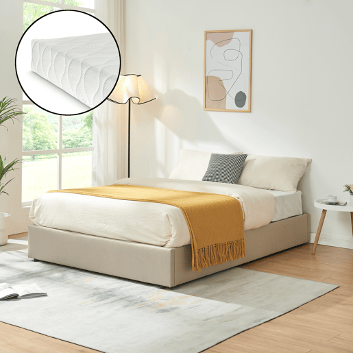 Cama estofada Nola com estrado linho + colchão 140x200 cm Bege en.casa