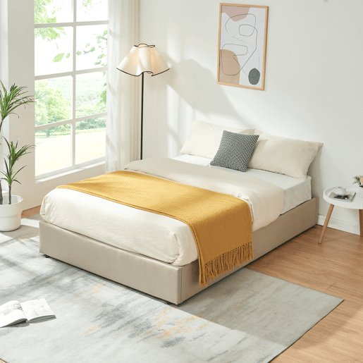 Cama estofada Nola com estrado linho + colchão 140x200 cm Bege en.casa