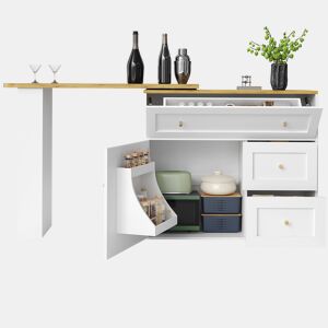 Mesa de bar extensível 138-204×39×105 cm - Com arrumação, prateleira para snacks, mesa alta telescópica, ilha de cozinha - Branca