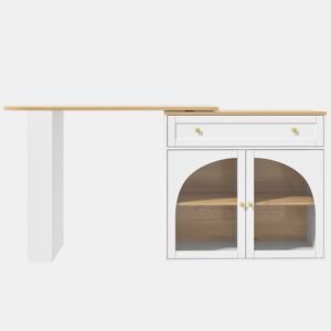 Mesa de bar extensível 138-204×39×104 cm - giratória em 360°, moderna, com arrumação, mesa alta, ilha de cozinha, prateleira com vidro - branca