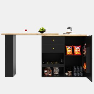 Mesa de bar giratória 105x39x102 cm - 2 gavetas, armário com porta deslizante, 3 nÃveis de armazenamento aberto - Preto