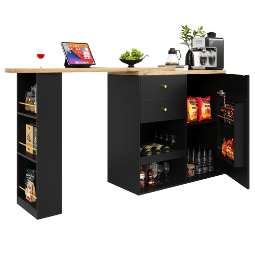 Mesa de bar giratória 105x39x102 cm - 2 gavetas, armário com porta deslizante, 3 níveis de armazenamento aberto - Preto