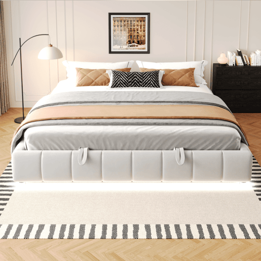 Cama individual 180x200 cm - Estrutura flutuante hidráulica com arrumação, sem cabeceira, com faixa LED, bege