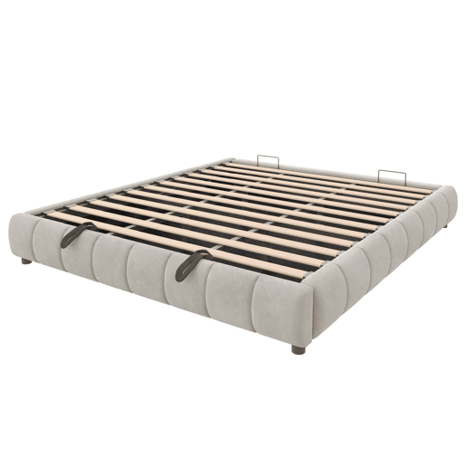 Cama individual 180x200 cm - Estrutura flutuante hidráulica com arrumação, sem cabeceira, com faixa LED, bege