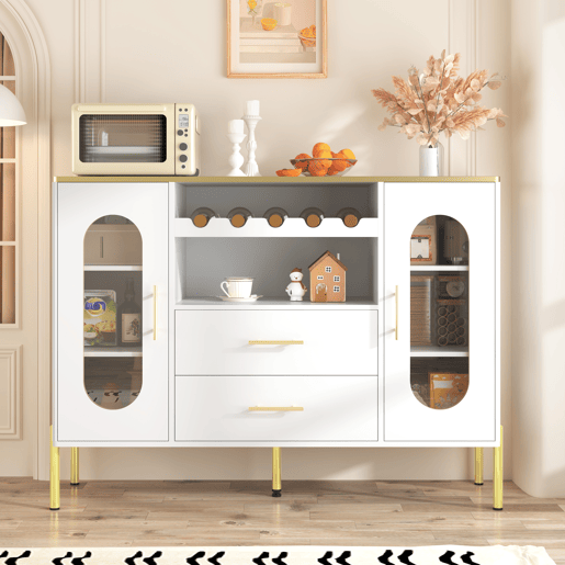 Aparador 150x40x75 cm - Frentes em vidro e vinoteca - Branco